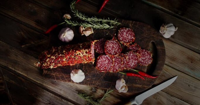Slices of salami with garlic and rosemary slowly rotate.
