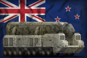 intercontinental ballistic missile with city camouflage on the New Zealand national flag background. 3d Illustration