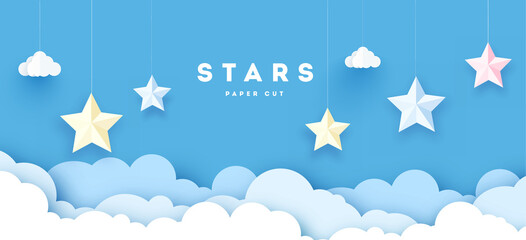 Sky paper decoration. Little paper theater: stars and clouds on blue background. Vector illustration