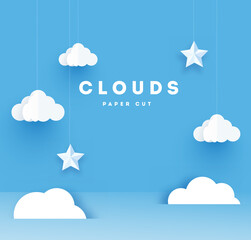Fluffy clouds on blue sky background with stars and clouds. Vector illustration. Paper cut style. Place for text.