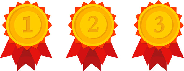 Gold, silver, bronze medal. 1st, 2nd and 3rd places. Trophy with red ribbon. Flat style - stock vector.
