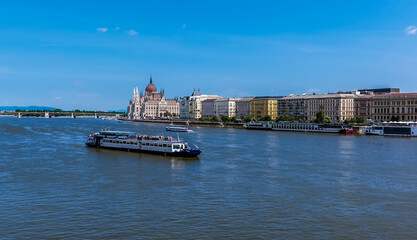 A view across the River Danube from the "Chain Bridge" towards the Pest District, Budapest on a summer's evening