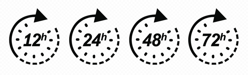 12, 24, 48 and 72 hours clock arrow. Vector work time effect or delivery service time icons. EPS 10