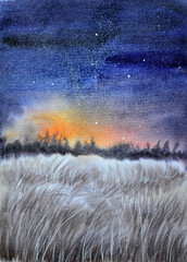 Watercolor sunset over the field. Starry sky. Watercolor space.