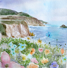 Watercolor nature. Cliffs of moher ireland at sunset. Watercolor sea and flowers.