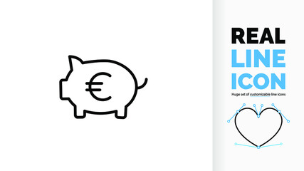 Editable line icon of a piggy bank with a euro sign