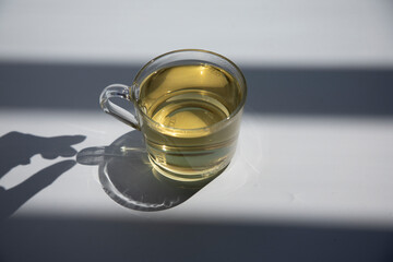 Cup of green tea on a white background on a sunny summer day, beautiful shadow from the cup and hand