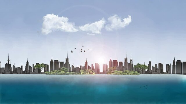 Panorama of city landscape and ocean with flying birds on bright sky.  3D Render of panorama cityscape view background.