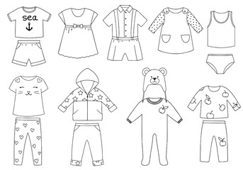 Collection of children's clothing. Vector linear image on a white background.