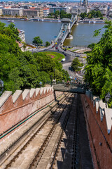 A view down the funicular railway across the River Danube and the Chain Bridge in Budapest in the summertime