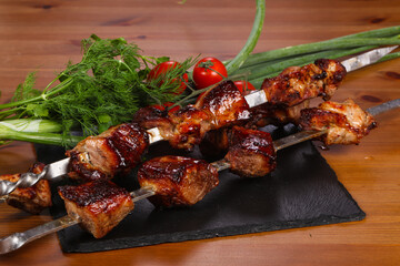 Pork shashlik kebab on the sticks