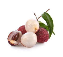 Fresh lychees with leaves isolated on white background