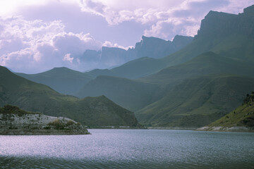 Lakes among the mountains against the sky