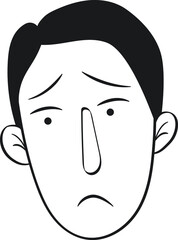 Vector black and white line illustration human expression, sad guy with short black hair and big nose