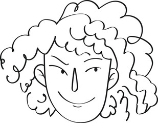 Vector black and white line illustration human expression, sarcastic girl with sly eyes and curly hair