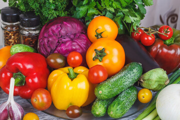 Still life from colored vegetables, soft focus background