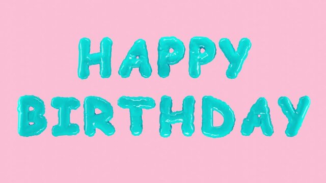 Congratulations text capital letters HAPPY BIRTHDAY balloons on pink background. Gift, holiday decor, anniversary. Animation of helium balloons, blue foil, close-up in slow motion. 3d rendering.