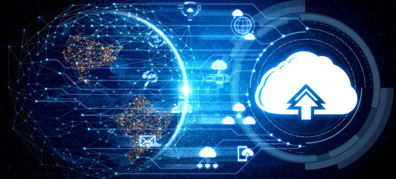 Cloud computing technology and online data storage for business network concept. Computer connects to internet server service for cloud data transfer presented in 3D futuristic graphic interface.