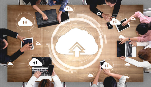Cloud computing technology and online data storage for business network concept. Computer connects to internet server service for cloud data transfer presented in 3D futuristic graphic interface.