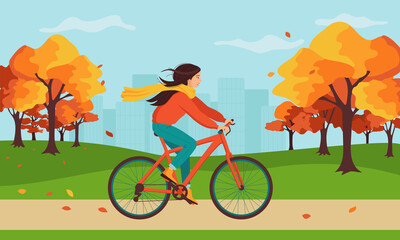 Young happy woman rides a bicycle in the autumn city park. The concept of outdoor activities in the city in the fall. September, October warm weather. Cute cartoon vector illustration.