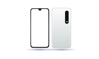 New modern frameless smartphones in black and white with blank screens and rear panels with cameras isolated on a white background