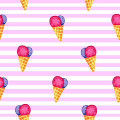 Ice cream seamless pattern, pink stripes, watercolor illustration 