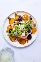 Yellow and red beetroot salad with feta cheese