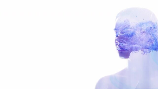 Fantasy portrait. Spiritual aura. Blue purple mist filling woman silhouette double exposition isolated on white.