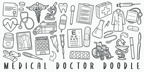 Medical Doctor Doodle Line Art Illustration. Hand Drawn Vector Clip Art. Banner Set Logos.