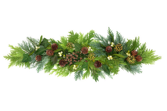 Winter greenery decorative display with winter greenery of cedar cypress firs, mistletoe, ivy and pine cones on white background. Composition for Christmas and New Year. Flat lay, copy space.