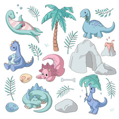 Set of cute cartoon dinosaurs (herbivores and swimming) and jurassic elements (volcano, cave, eggs, tropical leaves). Pastel colors. Isolated objects on white background for kids products.