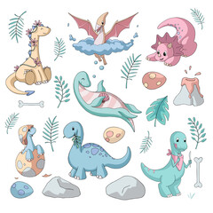Set of cute cartoon dinosaurs (herbivores, flying and swimming, predators) and jurassic elements. Pastel colors. Vector illustration. Isolated objects on white background for kids products.