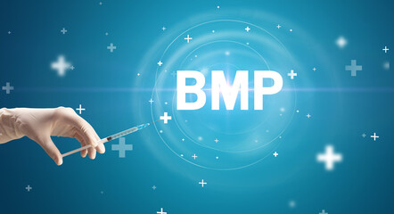 Syringe needle with virus vaccine and BMP abbreviation, antidote concept