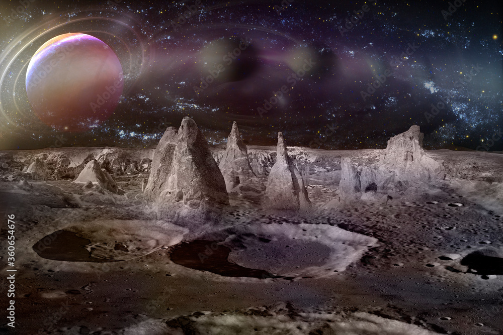 Canvas Prints alien planet landscape with craters, mountains and moons. elements of this image furnished by nasa.