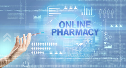 Close-up view of doctor's hand in a white glove holding syringe with ONLINE PHARMACY inscription, healthcare and medical concept