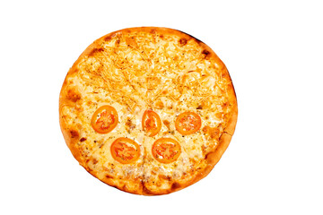 Delicious pizza in two flavors on a metal plate. Pizza Calabressa with onion and mozzarella on the other side. On yellow background