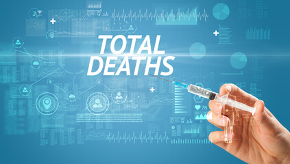 Syringe needle with virus vaccine and TOTAL DEATHS inscription, antidote concept