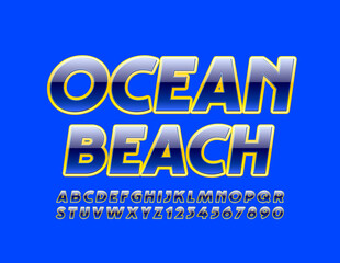 Vector summer banner Ocean Beach with Elegant Glossy Font. Bright Alphabet Letters and Numbers