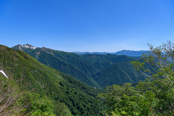 天神尾根から見た至仏山と白毛門、朝日岳