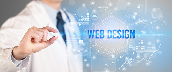 Doctor giving a pill with WEB DESIGN inscription, new technology solution concept