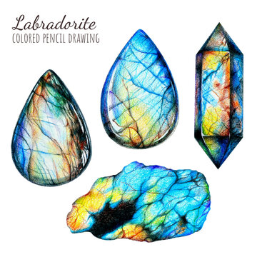 Colored pencils labradorite stones set isolated on white background. Hand drawn cabochons, double polished point, raw labradorite crystals and gems.