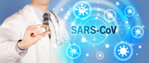 Doctor giving pill with SARS-CoV inscription, coronavirus concept