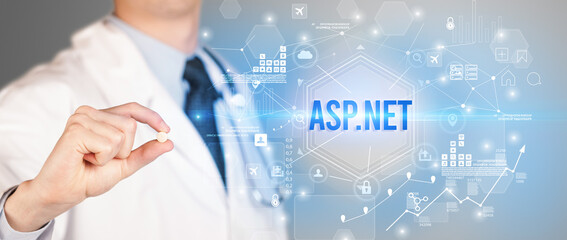 Doctor giving a pill with ASP.NET inscription, new technology solution concept