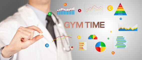 Nutritionist giving you a pill with GYM TIME inscription, healthy lifestyle concept