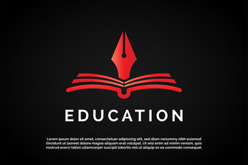 Red Pen icon over open book illustration for Education Logo Template