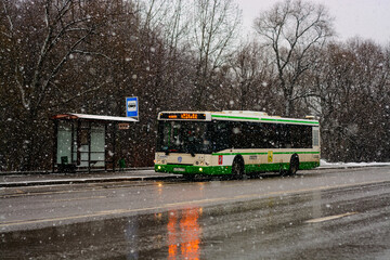 Fototapeta premium bus on the street while snowfall