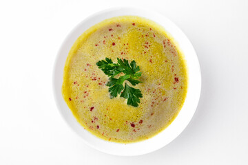Pea soup.  A dish for delivery, or an online store. Isolated on a white background.