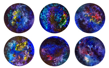 Obraz na płótnie Canvas Watercolor galaxy deep outer space with stars and nebula. Hand drawn circle cosmos illustration isolated on white background.