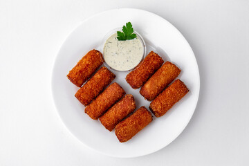 Cheese sticks in batter with sauce. A dish for delivery, or an online store. Isolated on a white background.