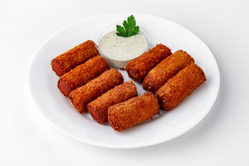 Cheese sticks in batter with sauce. A dish for delivery, or an online store. Isolated on a white background.